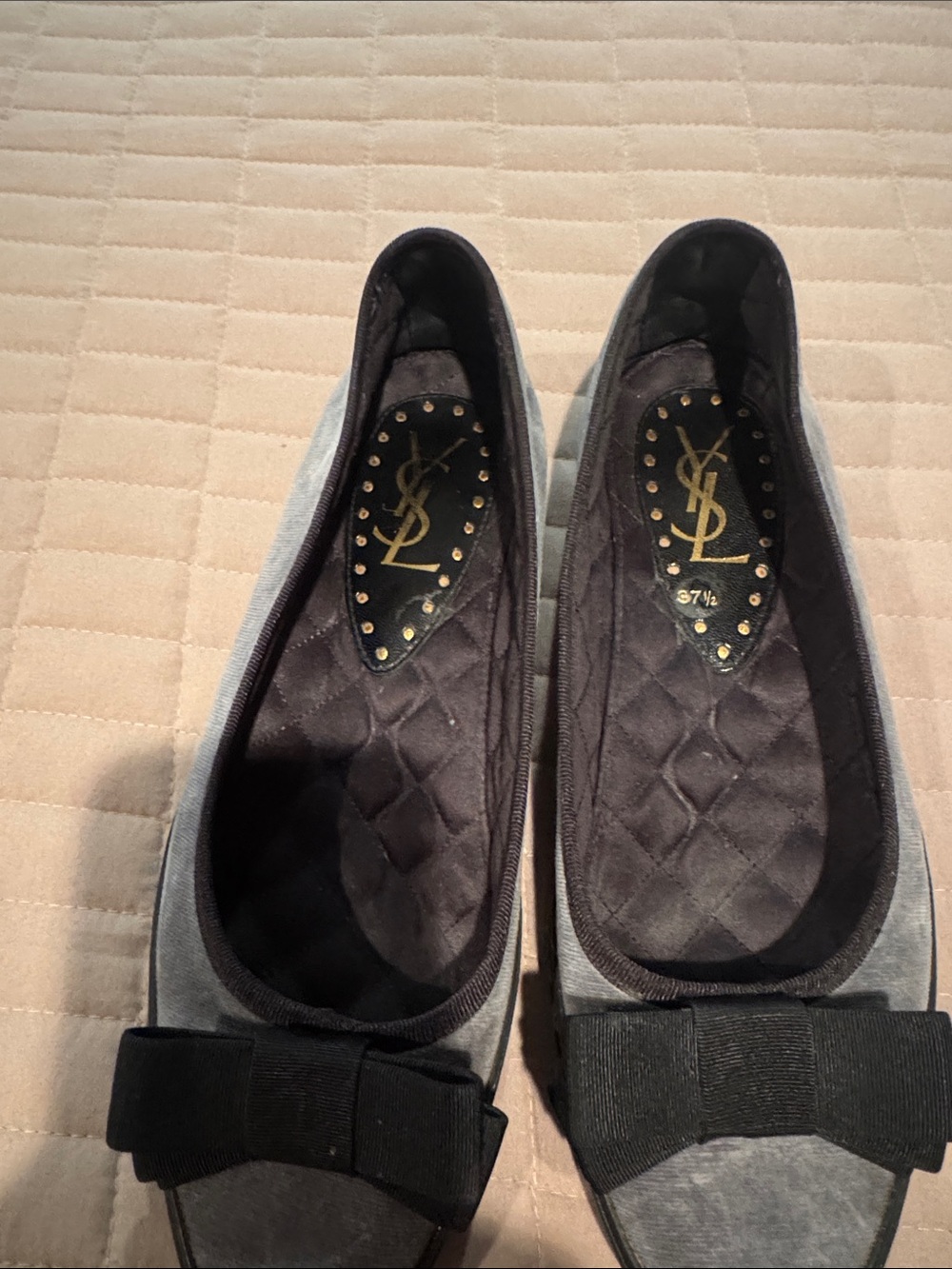 Yves Saint Laurent Gray and Black Bow Quilted Ballet Flats
